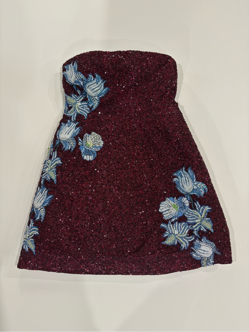 La Fuori Burgundy Strapless Sequin Dress With Blue Floral Appliqu